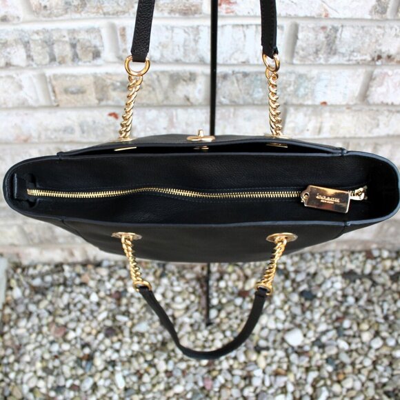 Coach Black Pebbled Leather Chain Tote Bag 57107 Turnlock Gold Hardware Dust Bag - Picture 7 of 16
